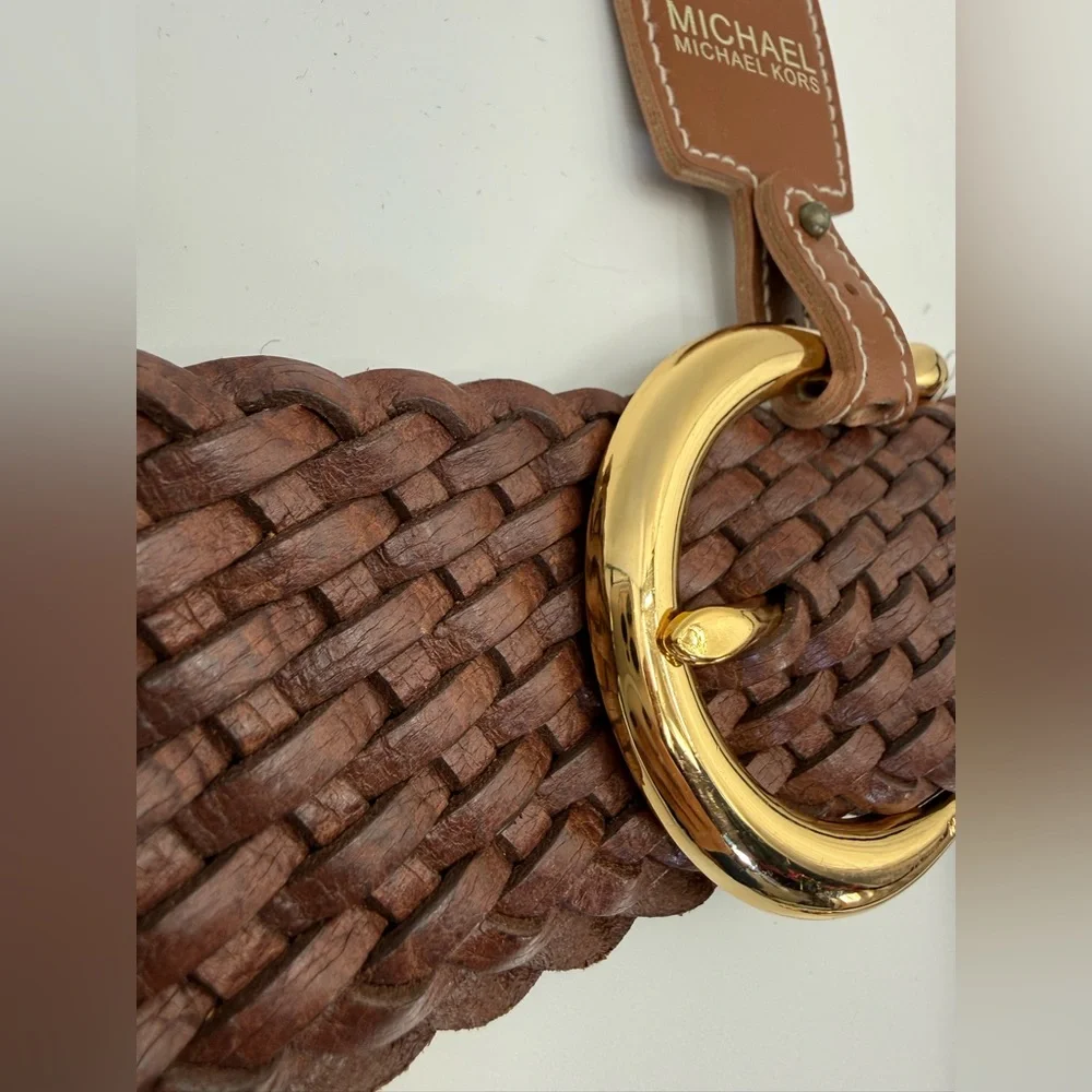Michael Kors Brown Braided Leather Belt Gold Buckle Tassel Charm Boho Chic SZ M
